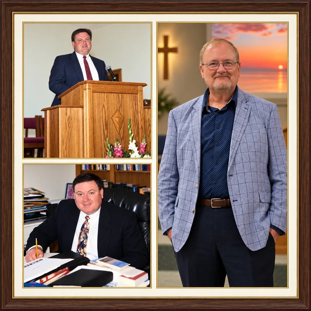 Framed photo collage honoring founding pastor Ricky Freeman: preaching at a wooden pulpit, studying at his desk, and a recent portrait in front of a cross and sunset